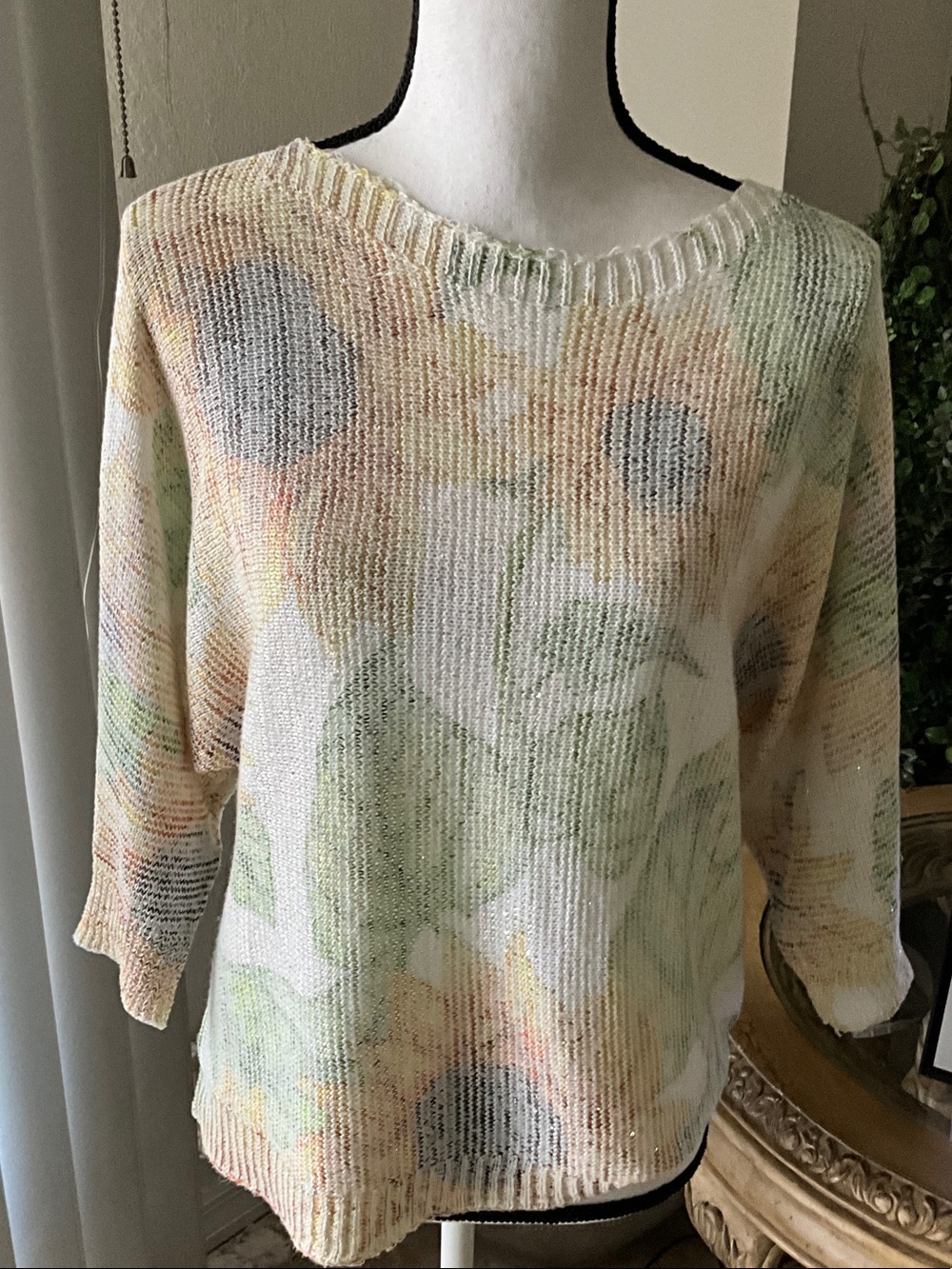 Sioni Pastel Floral Open-Knit Crewneck Sweater